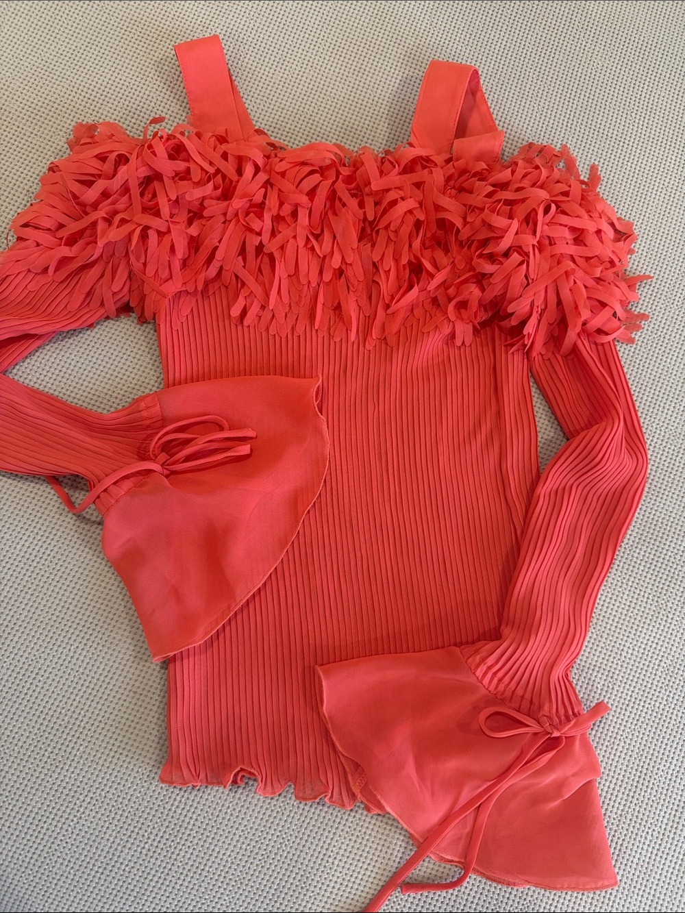 Off-Shoulder Coral Fringe Ribbed Tunic Top